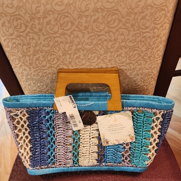 Cappelli Straworld Handbags - Cappelli Straworld Blue and Cream Woven Tote